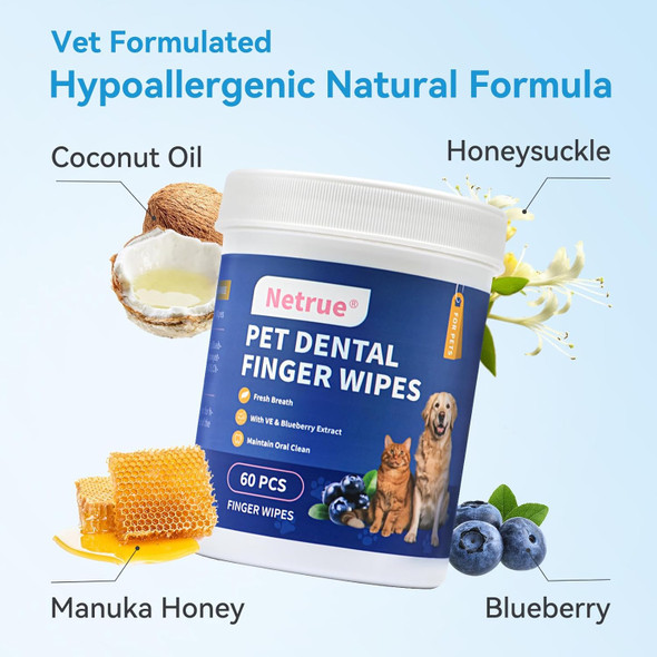 Dog Teeth Cleaning Wipes, Dog Dental Cleaning Finger Wipes For Dogs Teeth，Dog Tooth Wipes- Reduces Plaque & Freshens Breath (60 Count)