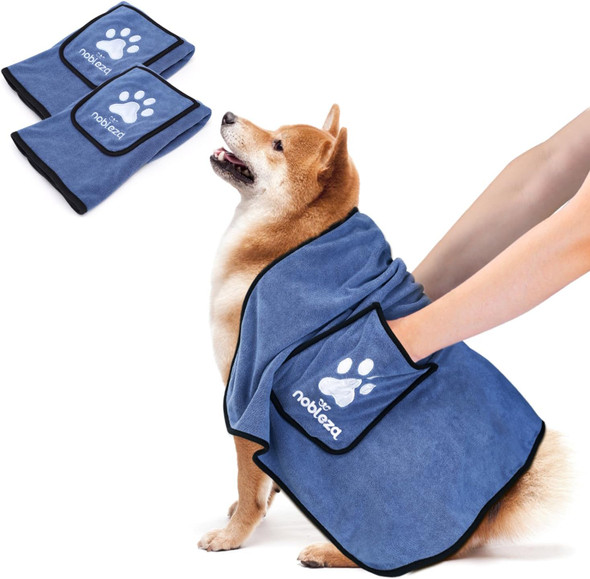 Nobleza Dog Towel, Super Absorbent Large Dog Towels For Drying Dogs With Hand Pockets, Soft Microfiber Quick Drying Dog Bath Towel For Dogs Cats Pets Bathing Grooming (Mazarine, 2 Pack)