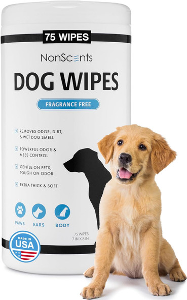 Nonscents Dog Grooming Wipes - 75 Deodorizing & Cleaning Dog Wipes - Pet Wipes For Dogs - Fragrance- Doggy Wipes For Paws, Butt, Body - Unscented Dog Wipes For Quick Baths