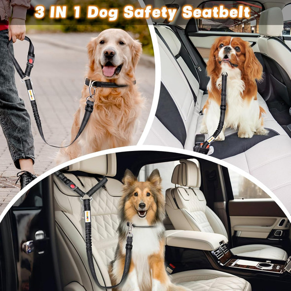 Dog Seat Belt Harness For Car, Dog Car Leash With Car Headrest & Buckle, Reflective Short Dog Leash, Pet 12 Inch Heavy Duty Leash For Dogs With Padded Handle & Locking Carabiner Clip, Black