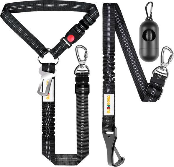 Dog Seat Belt For Car, Adjustable 4-In-1 Dog Car Seatbelt Leash With Hook & Buckle, Reflective Dog Seatbelt Harness For Car With Vehicle Car Headrest & Swivel Carabiner And Poop Bag, Black