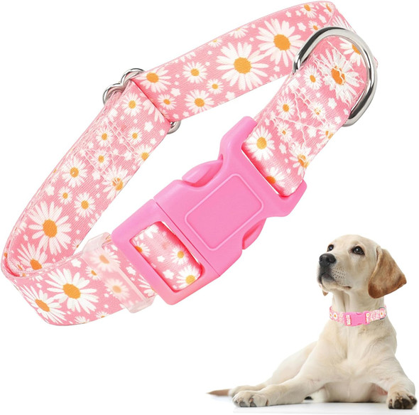 Girl Dog Collars With Daisy Patterns, Cute Pink Dog Collar For Female Dogs, Adjustable Soft Durable Pet Collars For Xs Small Medium Large Dogs (M)
