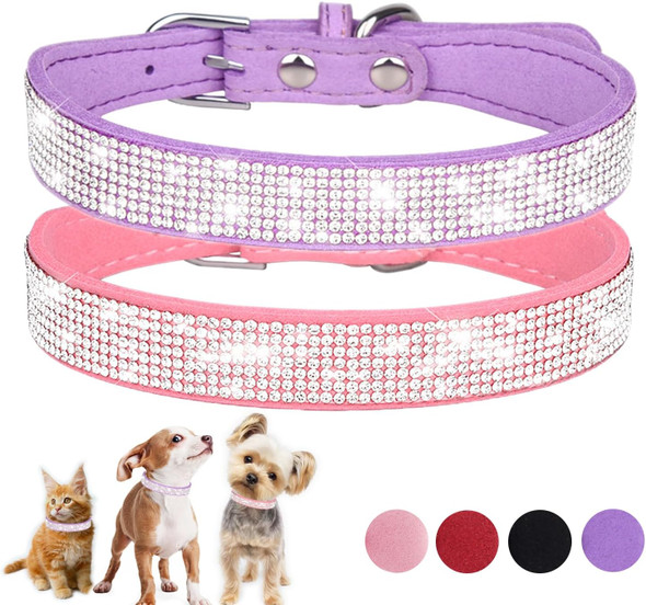 Small Dog Collar (2 Packs), Pink Bling Dog Collar For Small Dogs Xxs Xs Dogs, Adjustable Rhinestones Dog Collar With Crystal Diamond For Girl Puppy Dogs And Cats (Pink+Purple S)
