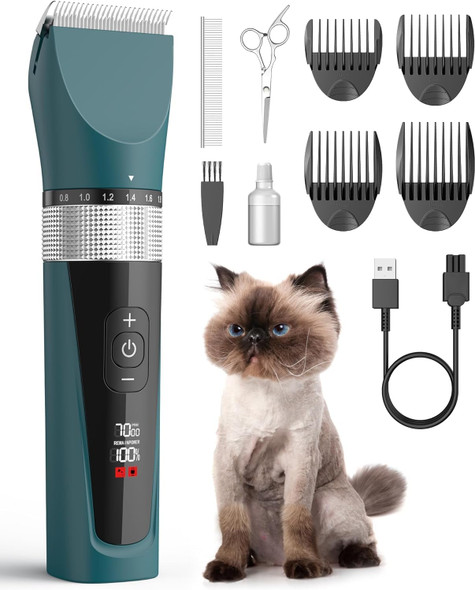 Oneisall Cat Clippers For Matted Hair, 5-Speed Quiet Cat Grooming Kit, Cordless Cat Shaver For Long Hair,Waterproof Cat Hair Trimmer, Pet Clippers For Cats(Green)