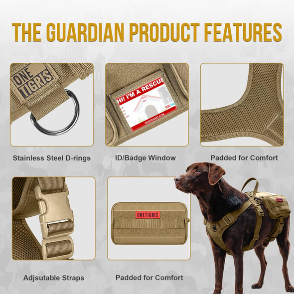 Onetigris Service Dog Vest Harness, Service Dog Cape Guardian Dog Molle Backpack With Pouches For Medium And Large Dogs (Brown, Large)