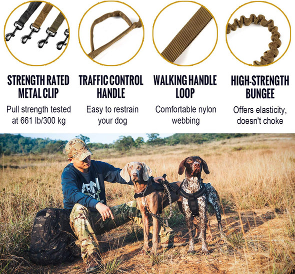 Onetigris Dog Leash,No Pull Dog Leash,Tactical Dog Training Bungee Leash With Control Handle Quick Release Nylon Leads Rope (Black)