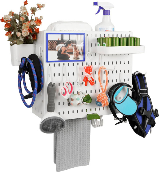 Dog Storage Organizer Wall Mount Pegboard Kit Includes Adjustable Panel, Metal Hooks, Tray, Cup, Dog Leash Holder For Wall, Dog Owner Must-Have Pet Supplies And Accessaries, 16 Inch Wide, Milky White