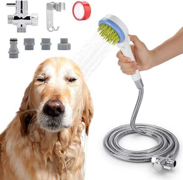Ownpets Pet Shower Sprayer, Dog Combing Shower Sprayer With Hose & Diverter For Dogs & Cats, Ideal Pet Bath Brush Sprayer Set For Indoor, Outdoor Bathing, Grooming, Massaging & More