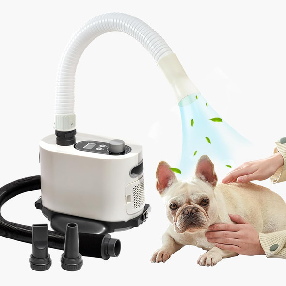 Pakeway Dog Dryer, Pet Hair Force Dryer With Hard & Soft Double Hose, Stepless Adjustable Speed Pet Grooming Dryer Blower With Lcd Display, Less Noise & 3 Speed Heating & 2 Nozzles