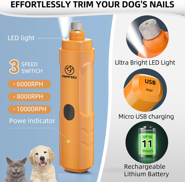 Dog Nail Grinder With 2 Led Light,3-Speed Rechargeable Dog Nail Trimmer, d Powerful Electric Dog Toe Nail File Quiet Painless, Paws Grooming For Small Medium Large Dogs -Orange