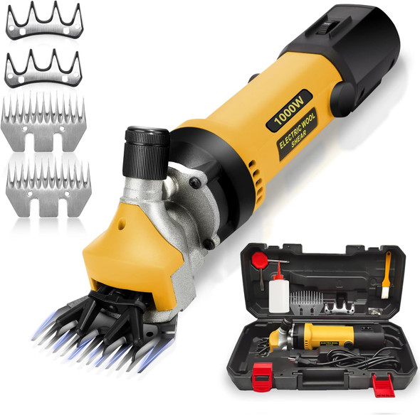 Pat Juumg 1000W Sheep Shears Electric Farm Livestock Haircut With 2 Blades Professional Animal Clippers 6 Speed Heavy Duty Electric For Thick Horses Sheep Alpacas Goats(Yellow)
