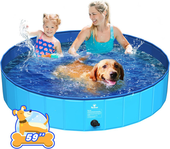 Pawaboo Foldable Large Dog Pool, Collapsible Pet Bath Pool Bathing Tub, Hard Plastic Doggie Wading Pool For Indoor And Outdoor, Portable Dog Swimming Pool For Small Medium Large Dogs And Cats(59X12)
