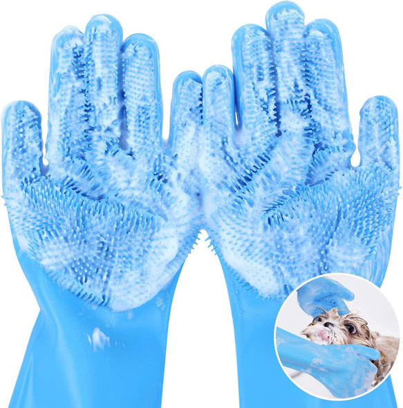 Pecute Pet Grooming Gloves, Heat Resistant Cat Bathing Gloves With High-Density Teeth, Silicone Dog Bathing Gloves With Enhanced Five Finger Design, Bathing And Massaging For Dogs And Cats Blue