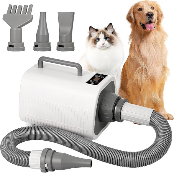 Dog Blow Dryer Quick-Drying, Ionic Dog Hair Dryer Blower With Heater, High Velocity Dog Dryer For Pet Grooming, Cat Dryer, 9 Heat & Speed Settings, 3 Nozzles - Grey