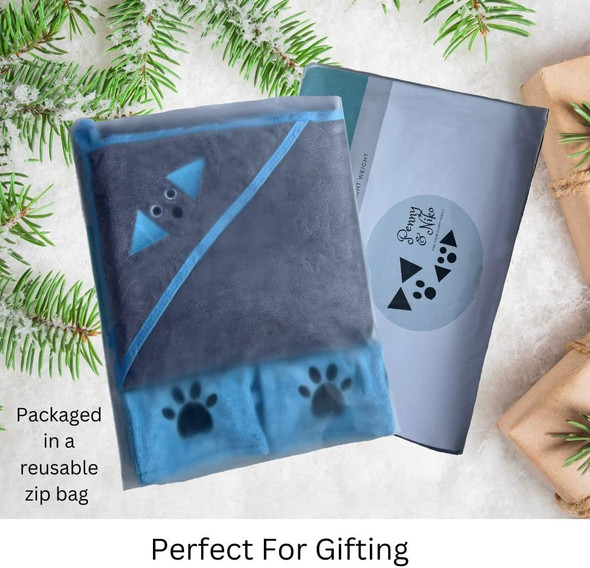 Penny & Niko Multi Purpose Microfiber Pet Towel And Mitt Set - Cat, Dog Drying Towel/Hooded Robe And Paw Cleaning Gloves - 30X30 Inches - Gray Towel/Blue Mitt Set