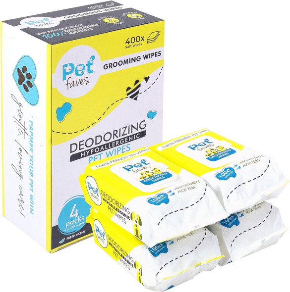 Pet Faves Dog Wipes For Cleaning And Deodorizing Hypoallergenic Grooming Wipes For Paws And Butt, Clean Face & Body Between Baths, Plant Based Natural Pet Wipes For Dogs And Puppy (400 Count)