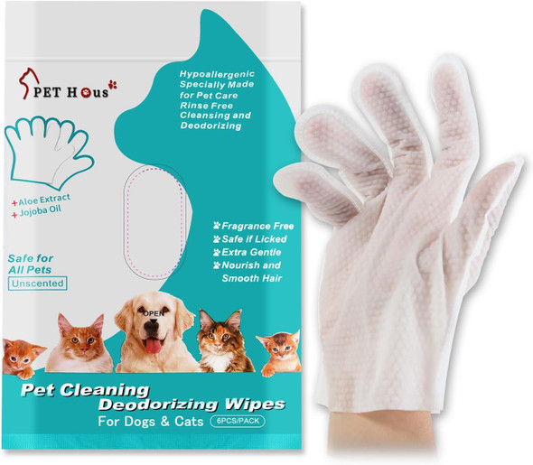 Pethous Pet Glove Wipes For Dogs & Cats, Cleaning & Deodorizing-Grooming Gloves Pet Bathing Wipes，Pet Care-Rinse , Hypoallergenic, Nourish Fur Glove Wipes For Daily Care And Traveling -6 Pcs