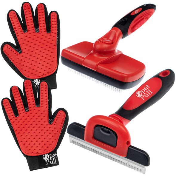 Complete Professional Pet Grooming Kit With Pet Hair Removal Tool Brush Gloves, Self Cleaning Slicker Brush, And Pro Grooming Dog Brush Deshedder Comb To Reduce Shedding (Red)