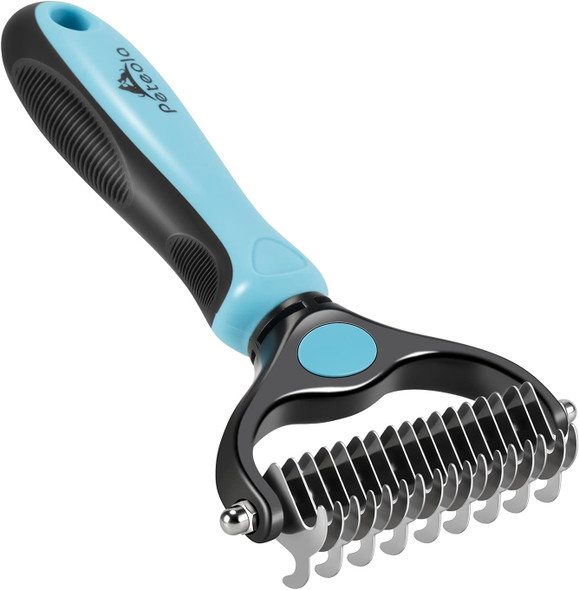 Pet Grooming Brush - 2 Sided Undercoat Rake For Cats & Dogs Comb - No More Nasty Shedding And Flying Hair - The Safe Dog Hair & Cat Hair Shedding Tool (Blue)