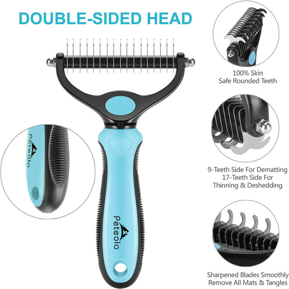 Pet Grooming Brush - 2 Sided Undercoat Rake For Cats & Dogs Comb - No More Nasty Shedding And Flying Hair - The Safe Dog Hair & Cat Hair Shedding Tool (Blue)