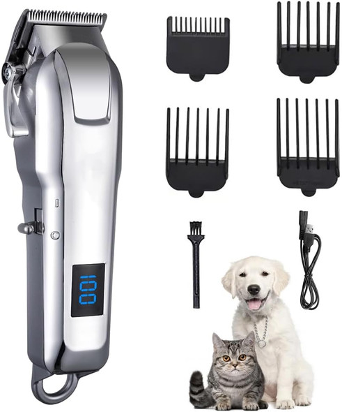 Dog Clippers For Grooming For Thick Heavy Coats, Cordless Low Noise Hair Trimmers With Metal Blade, Rechargeable Dog Shaver For Small & Large Dogs Cats, Silver