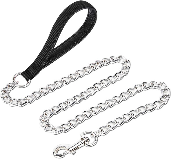Chain Leash Metal Dog Leash Chrome Plated With Soft Padded Handle For Large Dogs.(Xl, Black Handle)