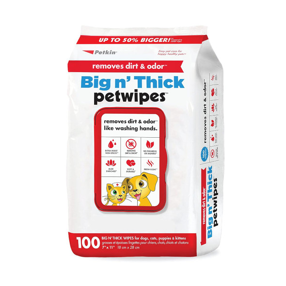 Petkin Pet Wipes For Dogs And Cats, 100 Large Wipes - Removes Dirt & Odor Like Washing Hands - Cleans Ears, Face, Butt, Eye Area - Convenient, Ideal For Home Or Travel - 1 Pack Of 100 Wipes