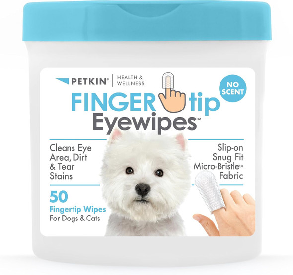 Petkin Fingertip Eye Wipes For Dogs And Cats, 50 Finger Wipes - Slip-On, Snug Fit, Micro-Bristle Fabric - Cleans Eye Area, Dirt And Tear Stains - Convenient, Ideal For Home And Travel - No Scent