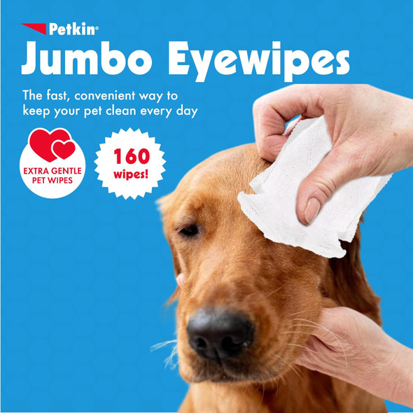 Petkin Jumbo Pet Eye Wipes, 80 Extra Moist Wipes, 2 Pack - Natural Formula Gently Removes Dirt, Discharge, & Tear Stains - Safe, Convenient, & Easy To Use Pet Wipes For Dogs, Cats, Puppies & Kittens