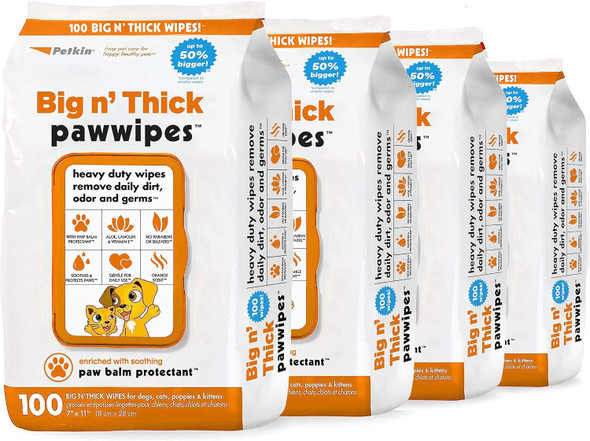 Petkin Big N' Thick Paw Wipes For Dogs, 100 Large Wipes (4 Pack) - Clean Dirty Paws After Walks, With Paw Balm Protectant - Keep Floors And Furniture Clean - Ideal For Home Or Travel - Orange Scent
