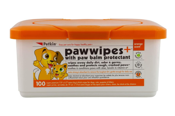 Paw Wipes Plus, 100 Orange Scented Wipes - Absorbent Pet Paw Wipes Remove Daily Dirt & Odors - Enriched With Paw Balm Protectant - Easy To Use Pet Wipes For Dogs, Cats, Puppies & Kittens