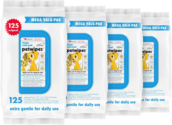 Petkin Mega Valu-Pak Pet Wipes, 500 Total Wipes - Pet Wipes For Dogs And Cats - For Face, Paws, Ears, Body And Eye Area - Super Convenient Dog Cleaning Wipes, Ideal For Home Or Travel - Easy To Use