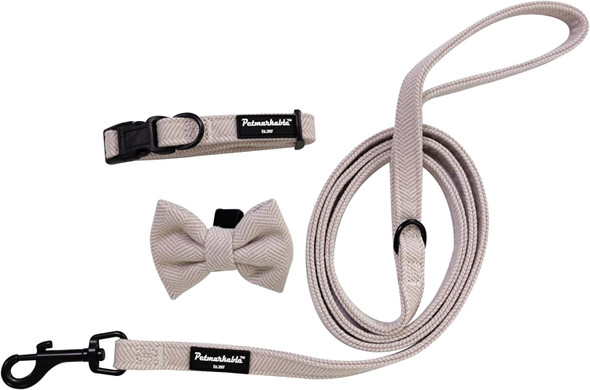 Dog Collar With Bow Tie And Tangle- Dog Leash Set, Adjustable Soft And Comfy, Perfect For Playful Pups (Extra Small, Beige) (Set Of 3)