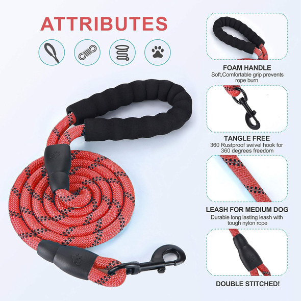 5Ft 1/2In Strong Red Dog Leash For Large Dogs & Medium Size Dogs - Highly Reflective Heavy Duty Dog Rope Leash With Soft Padded Anti-Slip Handle- For 18-120 Lbs Dogs