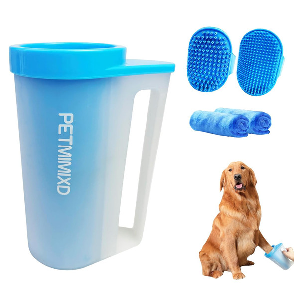 Dog Paw Cleaner With Handle For Dogs, (With 2 Absorbent Towels & 2 Adjustable Dog Bath Brush For Short And Long Hair Pet) Dog Paw Washer,Paw Buddy Muddy Pet Foot Cleaner,Blue,Large