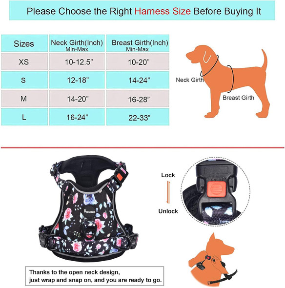 Petmolico No Pull Dog Harness And Leash Set, No Choke 4 Leash Attchments Easy Control Handle Soft Padded Reflective Vest Dog Harness For Large Dog Breed, Rose Large