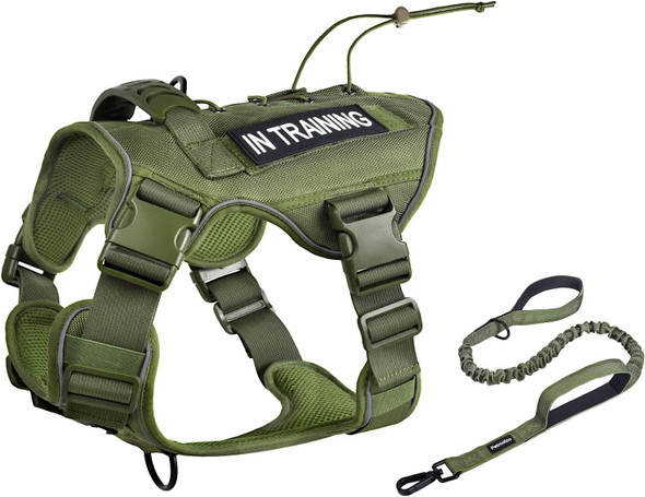 Petmolico Tactical Dog Harness With Leash, No Pull Dog Harness With Hook And Loop Panels For Hiking Training Military Service Dog Harness With Patches For Large Dogs, Army Green L