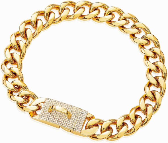 Gold Chain Cuban Link Dog Collar With Cz Lock,19Mm Width Stainless Steel Personalized Luxury Necklace Dog Collar For Large Medium Dogs