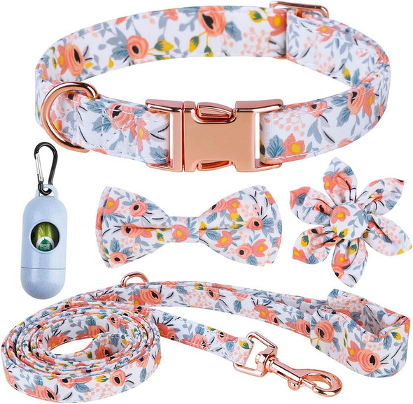Girl Dog Collar And Leash Set With Removable Flower And Bow Tie, Adjustable Collar With Strong Metal Buckle For Small Medium Large Female Dogs, A Poop Bag Dispenser Included (Medium, Orange Flower)