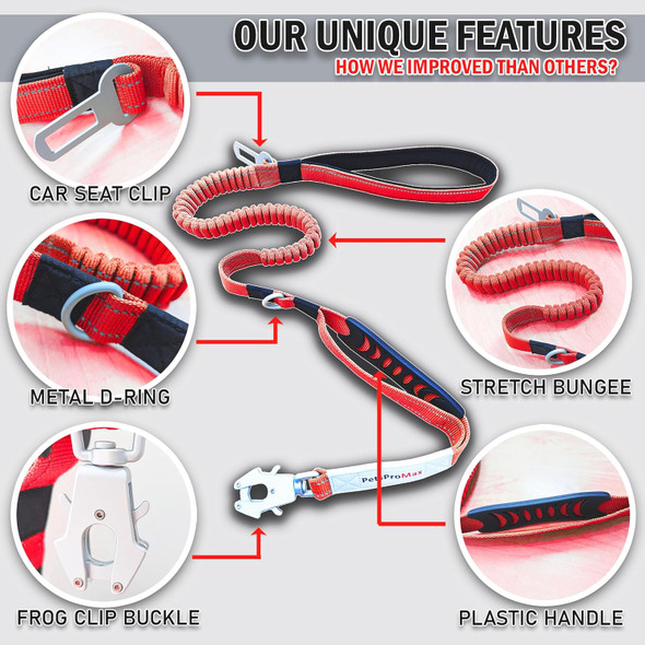 Petspromax – Tactical Dog Leash With Car Seat Belt Metal Clip. Heavy Duty Tactical Elastic Bungee Dog Leash. Dog Leash With 360 Rotatable And Quick Access Metal Hook (Red)