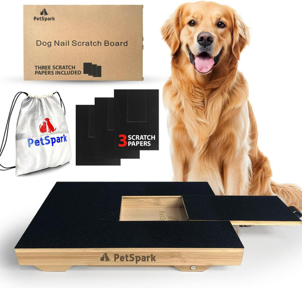 Dog Nail Scratch Board - Bamboo Scratch Pad For Nails With Treat Box - Stress- Dog Scratch Pad For Nails - Nail File Board For Puppy/Small/Medium Dog - Polyester Bag+2 Extra Sandpaper.