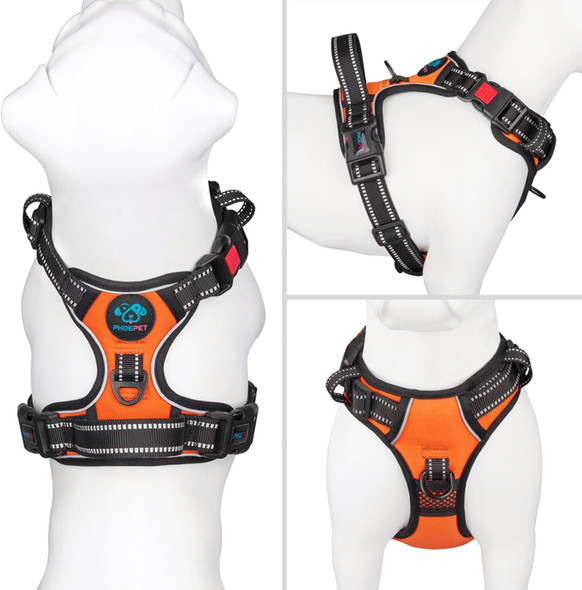 Phoepet Reflective Dog Harness Large Breed Adjustable No Pull Vest With With Handle 2 Metal Rings 3 Buckles [Easy To Put On & Take Off](L, Orange)