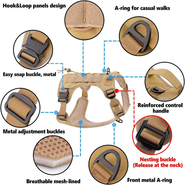 Plutus Pet Tactical Dog Harness, All Metal Buckles, No Pull Service Dog Vest With Handle, Adjustable Military Dog Harness With Hook & Loop Panels, For Small Medium Large Dogs, Khaki, Xl