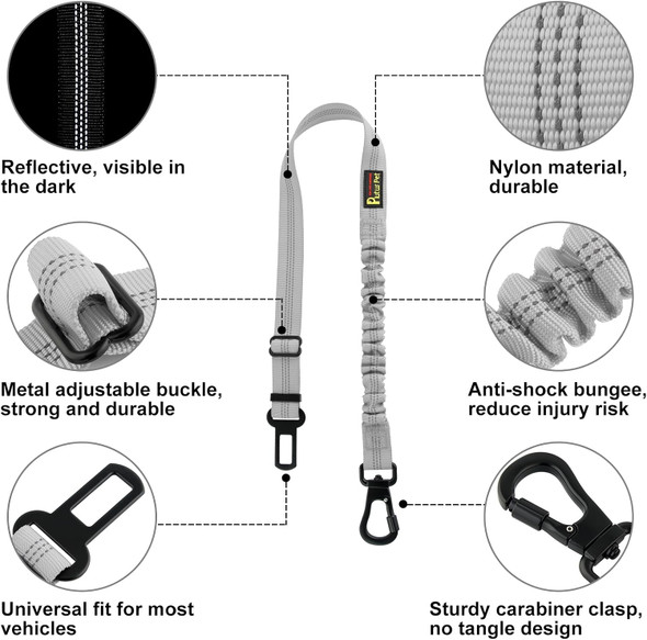Plutus Pet Dog Seat Belt For Car, Adjustable Dog Car Harness With Carabiner Clip, Reflective Safety Dog Seatbelt Leash With Elastic Bungee, Gray
