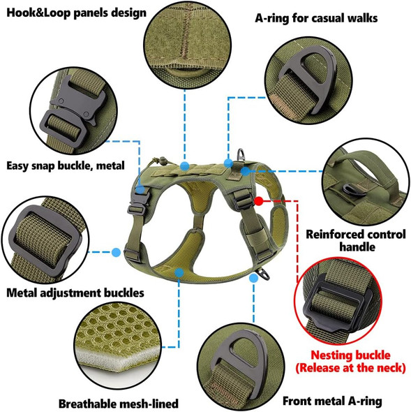 Plutus Pet Tactical Dog Harness, All Metal Buckles, No Pull Service Dog Vest With Handle, Adjustable Military Dog Harness With Hook & Loop Panels, For Small Medium Large Dogs, Ranger Green, S