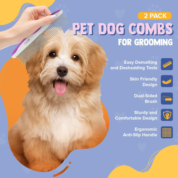 Poodle Pet Dog Combs For Grooming 2 Pack Stainless Steel Teeth Easily Remove Dirt Proper Care Prevents Knots And Mats For Long And Short Haired Pets Anti-Slip Comfort Grip Handle Purple