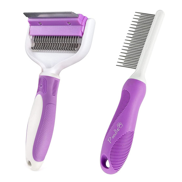 Detangling Pet Comb With Long & Short Stainless Steel Teeth + 2 In 1 Pet Grooming Tool - Double Sided Deshedding Brush And Dematting Comb - Removes Matted Fur, Knots, And Tangles -Dog And Cat Grooming