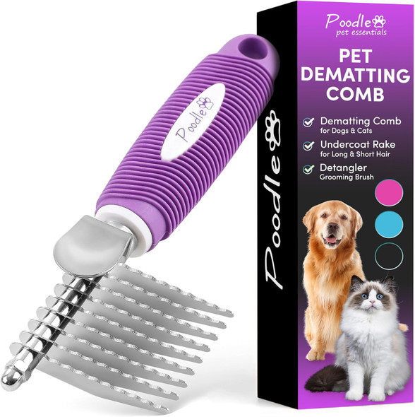 Poodle Pet Dematting Fur Rake Comb Brush Tool Dog Rake Brush - Dog Brush For Goldendoodle & Cat Comb With Long 2.5” Steel Safety Blades Metal Dog Comb For Detangling Matted Or Knotted Undercoat Hair