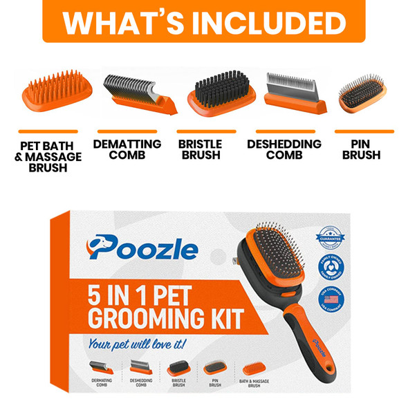 5-In-1 Dog & Cat Grooming Kit – Professional Pet Brushes With Interchangeable Bath, Massage, Dematting, Deshedding, Bristle & Pin Combs