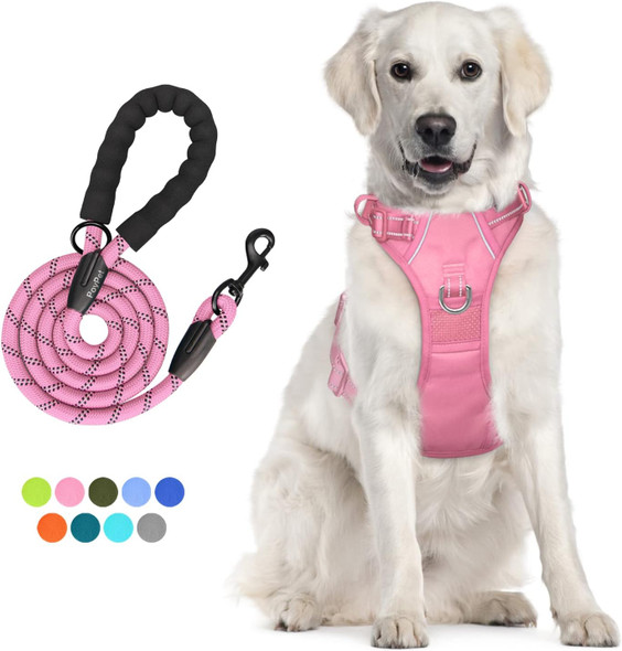Poypet No Pull Dog Harness And 5 Feet Leash Set, Release On Neck Reflective Adjustable Pet Vest, Front & Back 2 D-Ring And Soft Padded Pet Harness With Handle For Small To Large Dogs(Pink,Xl)